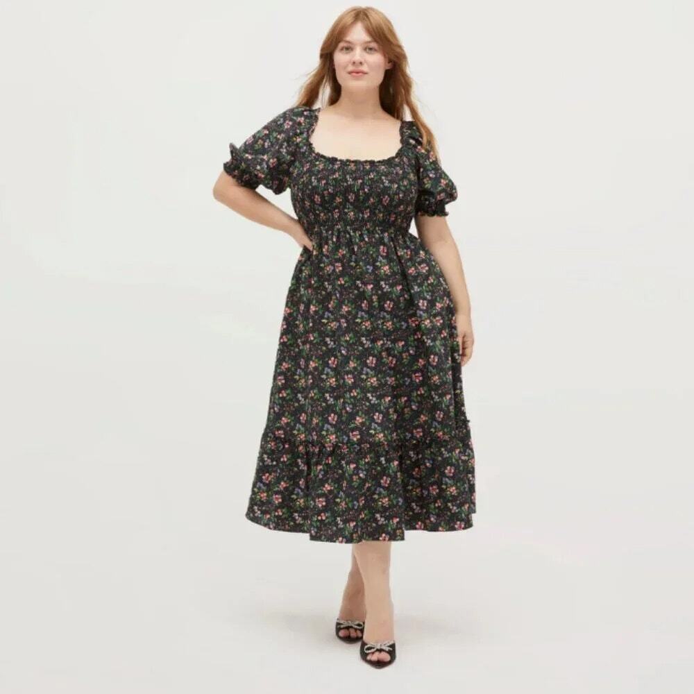 Hill House The Louisa Nap Dress Berry Crepe Floral Black Smocked Midi SZ XXL